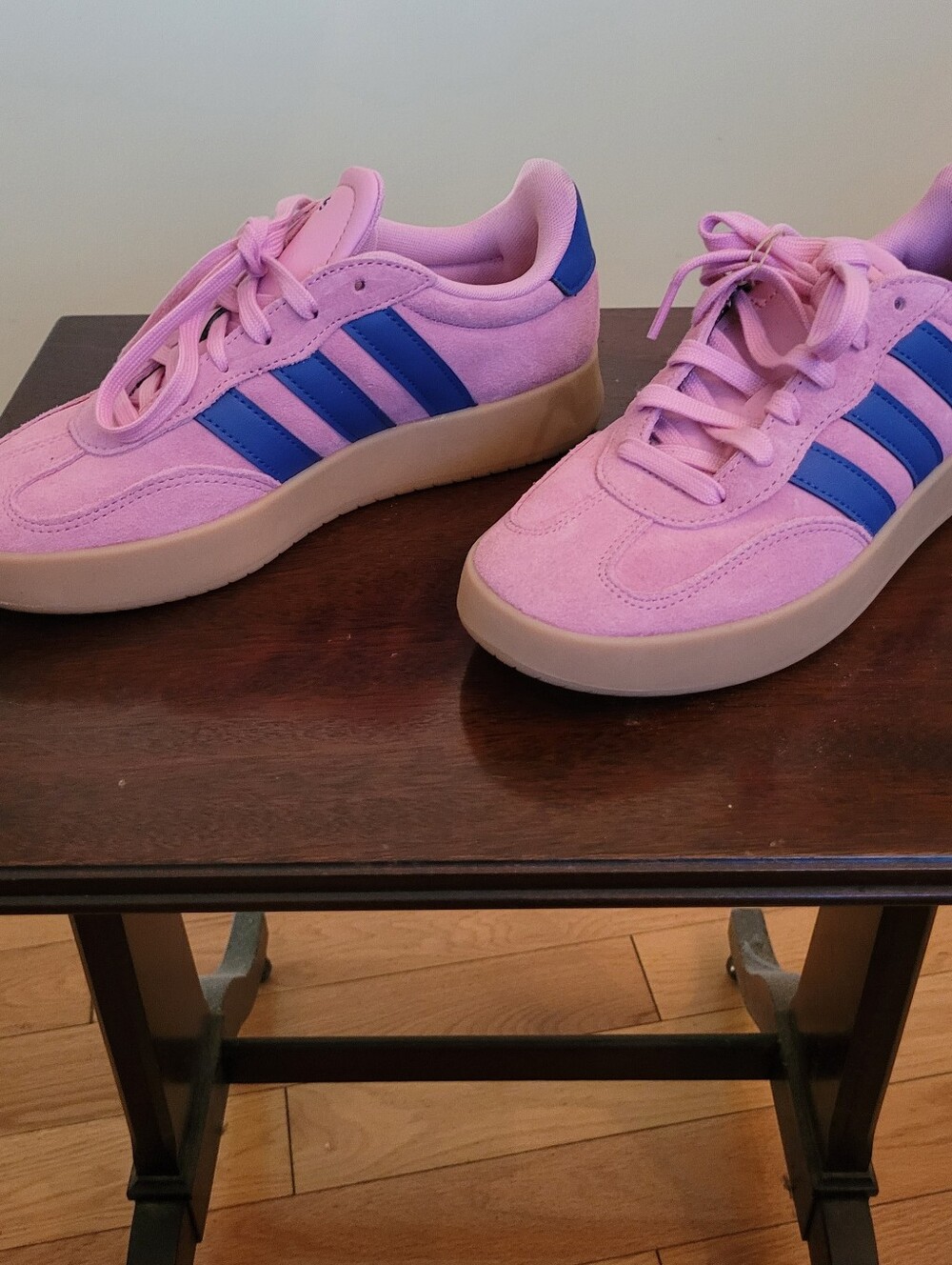 adidas Pink Suede Sneakers with Blue Stripes and Gum Sole